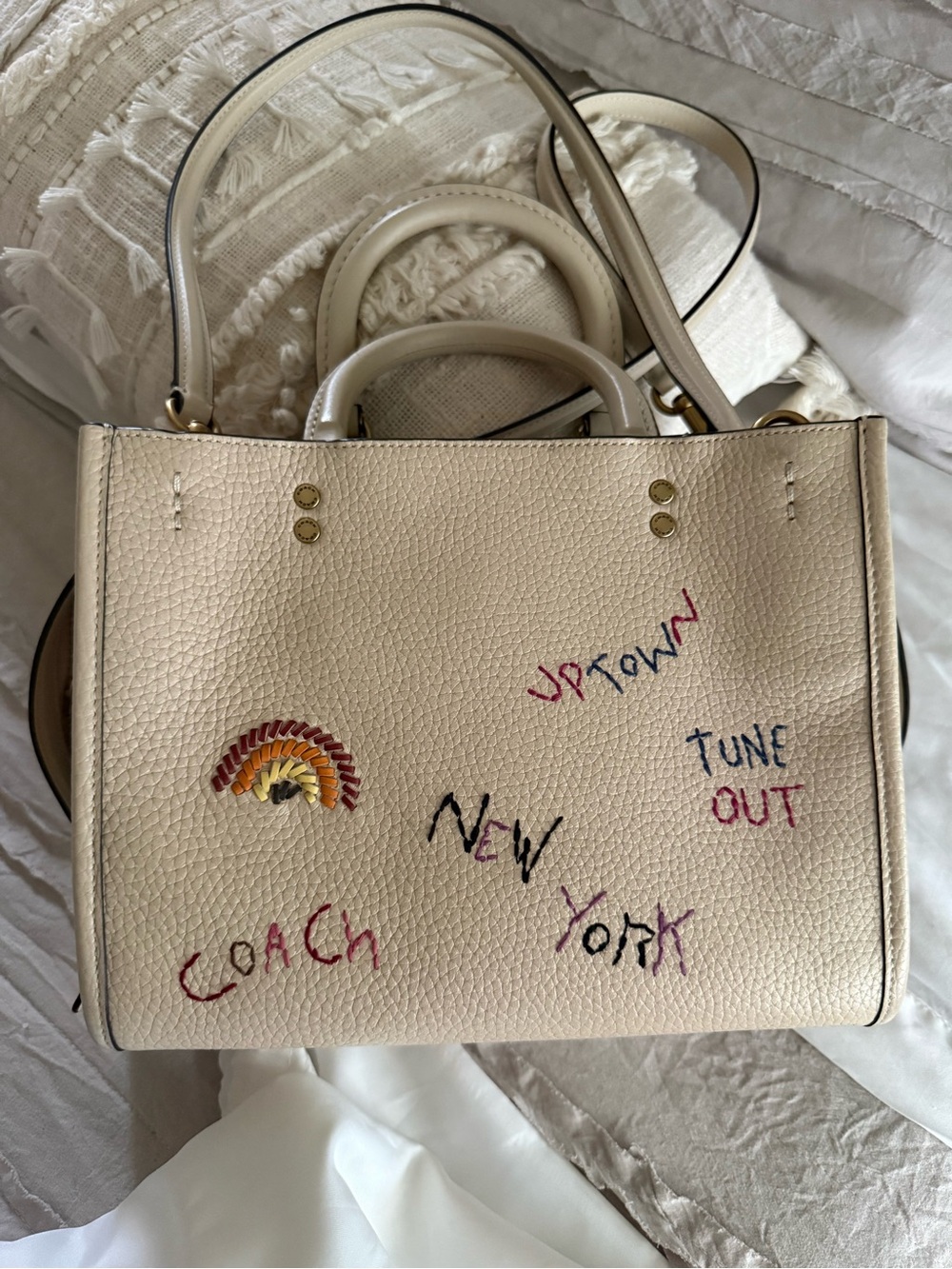 Coach Cream Leather Satchel with Multicolor Embroidered Accents